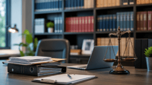 Schreibtisch mit Laptop, Aktenordnern und Waage als Symbol fuer Datenschutzrecht