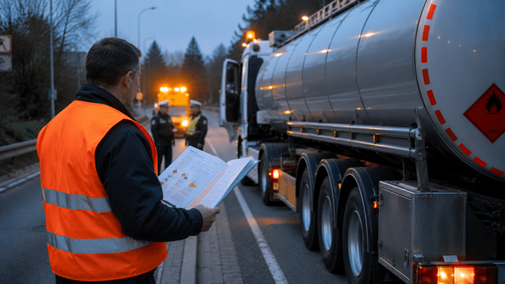 Fahrer in Warnweste hält am Gefahrgut-Tankfahrzeug die schriftlichen Weisungen als aufgeklapptes Merkblatt