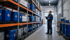 Gefahrstofflager mit gekennzeichneten Chemikaliengebinden, eine Fachkraft prüft den Bestand anhand der Angaben aus dem Sicherheitsdatenblatt
