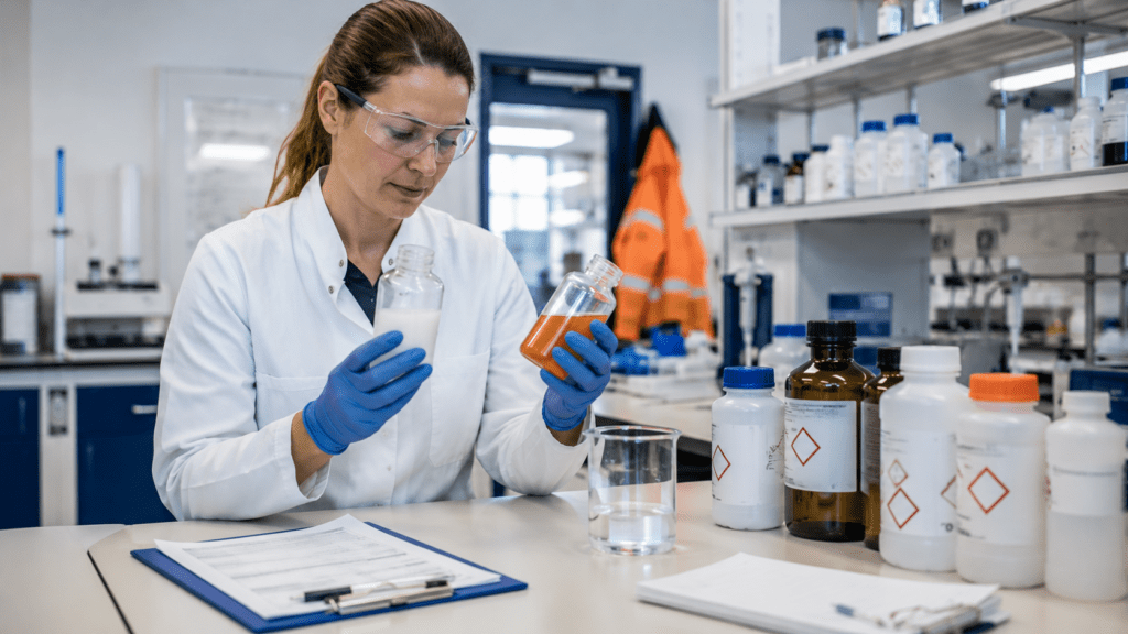 Substitutionsprüfung Vorlage: Fachkraft vergleicht im Betriebslabor zwei Produktproben und dokumentiert das Ergebnis