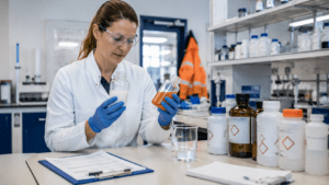 Substitutionsprüfung Vorlage: Fachkraft vergleicht im Betriebslabor zwei Produktproben und dokumentiert das Ergebnis