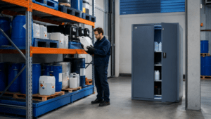 Gefahrstofflager nach TRGS 510 mit Regalen, Auffangwannen und Sicherheitsschrank in einer Industriehalle