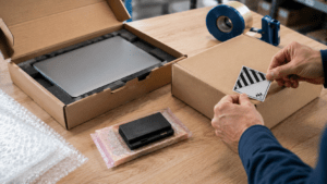 Laptop mit Ersatzakku am Packtisch – Unterschied zwischen UN 3480 und UN 3481
