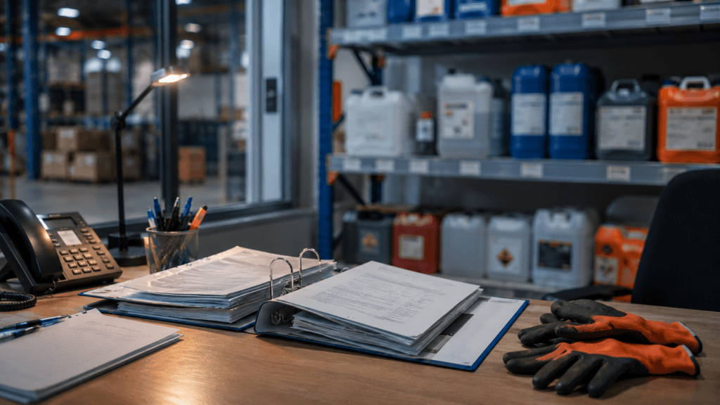 Schreibtisch im Lagerbuero mit aufgeschlagenen Ordnern, Schutzhandschuhen und Regalen mit Chemikalienkanistern