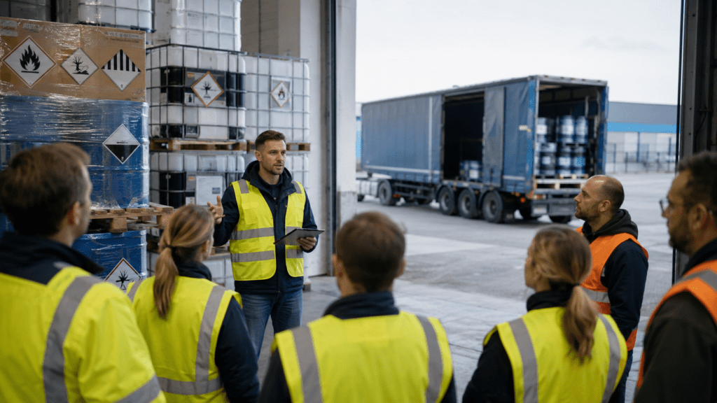 Gefahrgut-Unterweisung nach 1.3 ADR mit Mitarbeitenden in Warnwesten in einer Logistikhalle