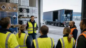 Gefahrgut-Unterweisung nach 1.3 ADR mit Mitarbeitenden in Warnwesten in einer Logistikhalle