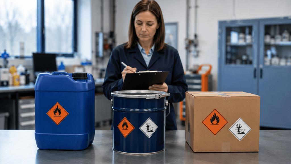 Kanister, Fass und Karton mit Warnetiketten – Verpackungsgruppen im ADR