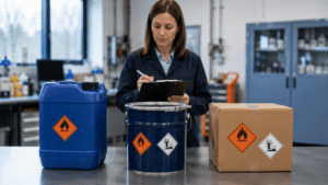 Kanister, Fass und Karton mit Warnetiketten – Verpackungsgruppen im ADR