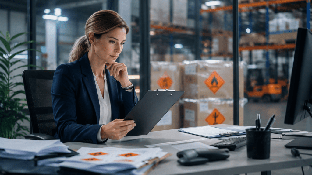 Logistikleiterin prüft Versandpapiere – wann ist ein Gefahrgutbeauftragter Pflicht