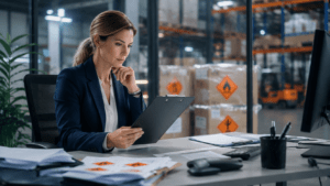 Logistikleiterin prüft Versandpapiere – wann ist ein Gefahrgutbeauftragter Pflicht