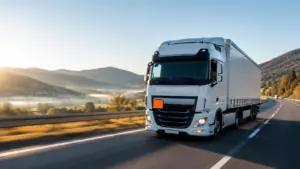 Sattelzug mit orangefarbener Warntafel auf der Autobahn – das ADR regelt den Gefahrguttransport