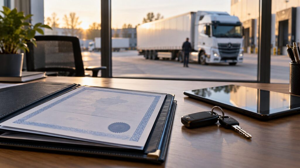 Speditionsbüro mit Lizenzurkunde, Lkw-Schlüssel und Tablet, im Hintergrund ein Sattelzug – Gemeinschaftslizenz im Güterkraftverkehr