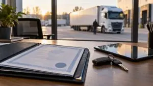 Speditionsbüro mit Lizenzurkunde, Lkw-Schlüssel und Tablet, im Hintergrund ein Sattelzug – Gemeinschaftslizenz im Güterkraftverkehr