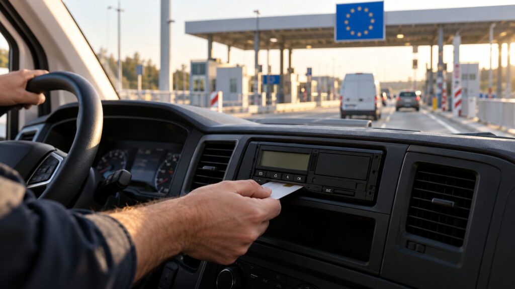 Fahrerkarte wird in den digitalen Fahrtenschreiber eines Transporters eingeführt, vor der Windschutzscheibe ein Grenzübergang – Tachographenpflicht ab 2,5 t