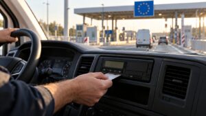 Fahrerkarte wird in den digitalen Fahrtenschreiber eines Transporters eingeführt, vor der Windschutzscheibe ein Grenzübergang – Tachographenpflicht ab 2,5 t