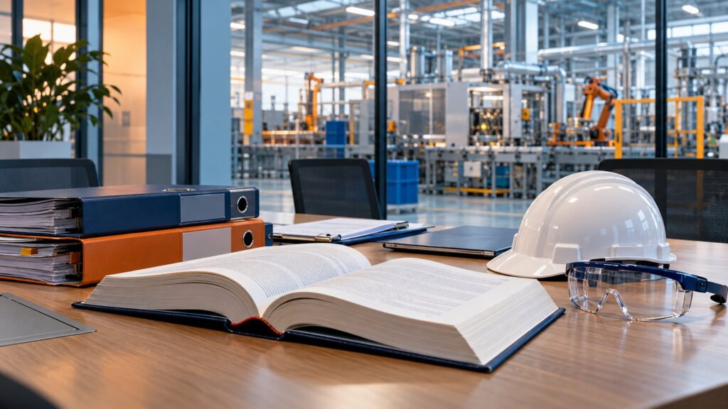 Besprechungsraum mit Gesetzbuch, Schutzhelm und Blick in die Produktion – Novelle der Gefahrstoffverordnung
