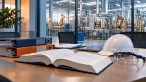 Besprechungsraum mit Gesetzbuch, Schutzhelm und Blick in die Produktion – Novelle der Gefahrstoffverordnung